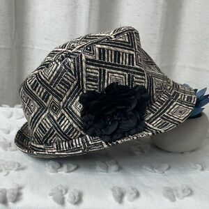 Icing Black and Cream Geometric Fedora with Black Floral Accent
